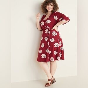 Old Navy Fit & Flare Faux-Wrap Midi Dress V-Neck 3/4 Sleeve 2X